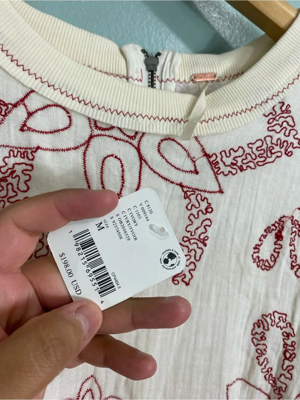 Free People Picking Petals Mini Dress Ivory Red Embroidered Floral Gauze Medium